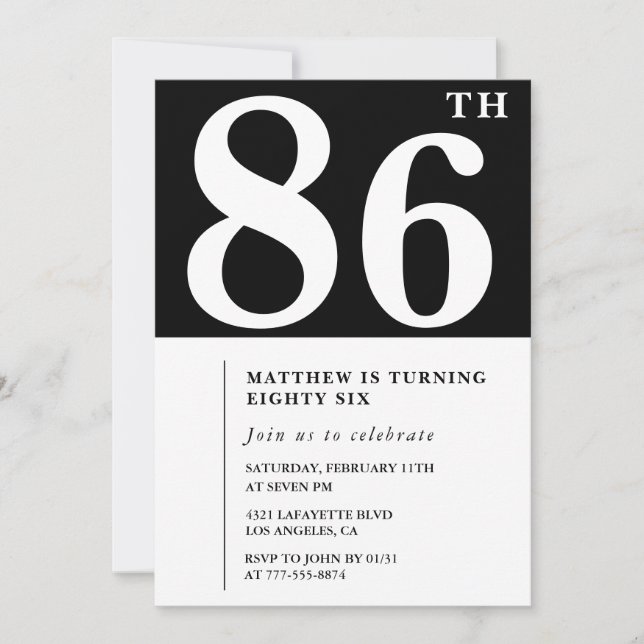 Convite de aniversário de 86 anos preto e branco e (Frente)