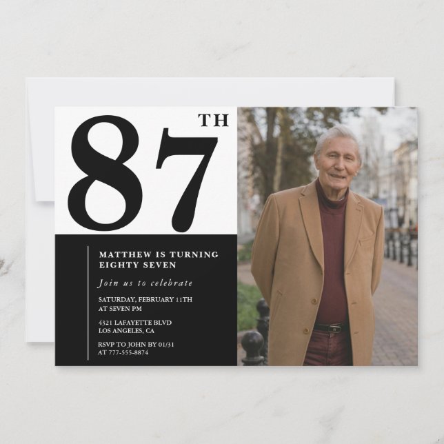 Convite de Aniversário de 87 Anos Preto e Branco c (Frente)