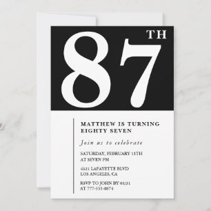 Convite de aniversário de 87 anos preto e branco e