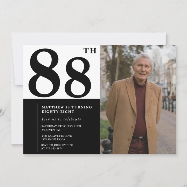 Convite de Aniversário de 88 anos Preto e Branco c (Frente)