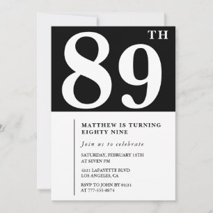 Convite de aniversário de 89 anos preto e branco e