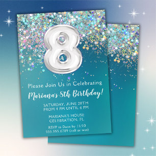 Convite de Aniversário de 8 anos Brilho Teal Prata