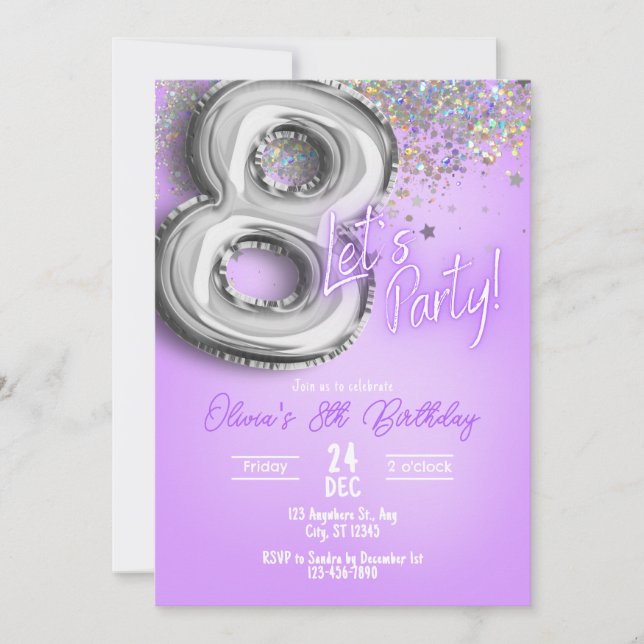 Convite de Aniversário de 8 anos com Brilho Roxo (Frente)