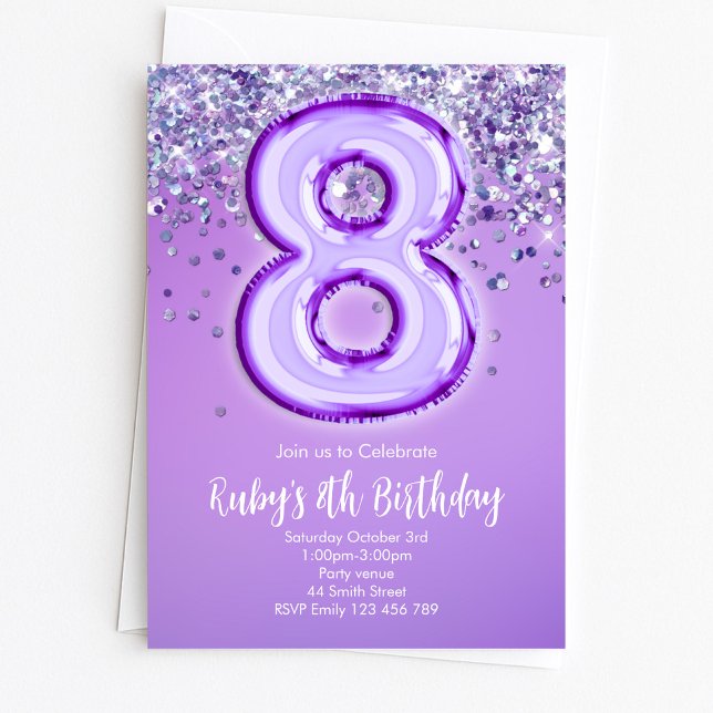 Convite de Aniversário de 8 anos com Brilho Roxo (Criador carregado)