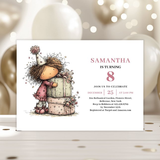 Convite de Aniversário de 8 Anos com Design de Men (Cute Whimsy Girl 8th Birthday Invitation Design)