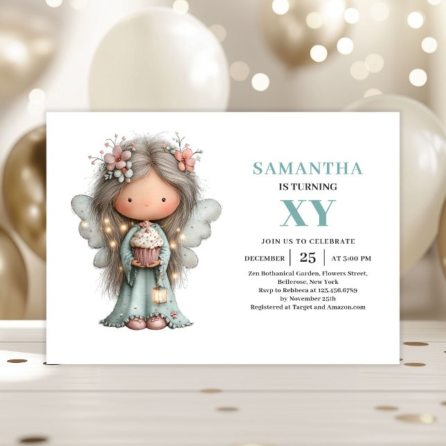 Convite de Aniversário de 8 anos da Menina Fada Ca (Whimsy Fairy Girl 8th Birthday Pastel Cute invitation)