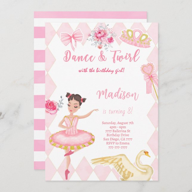 Convite de Aniversário de 8 anos de Bailarina  (Frente/Verso)