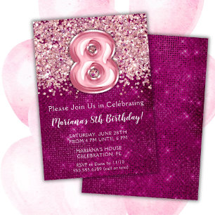 Convite de Aniversário de 8 Anos Feminino Brilho R