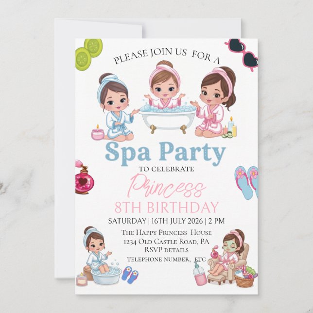 Convite de Aniversário de 8 Anos para Festa de Spa (Frente)