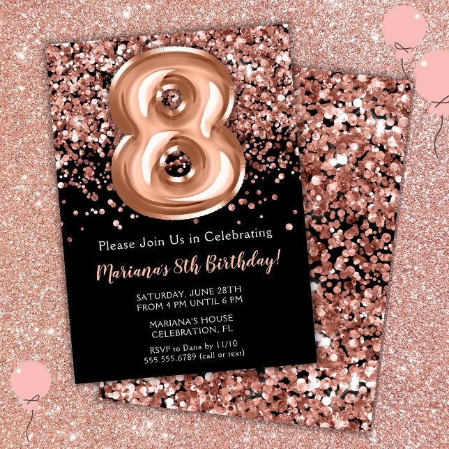 Convite de Aniversário de 8 anos Preto Rosa Dourad (Criador carregado)