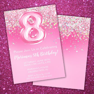 Convite de Aniversário de 8 anos Rosa Menina Brilh