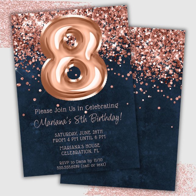 Convite de Aniversário de 8 Anos Rose Gold Azul Na (Criador carregado)