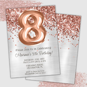 Convite de Aniversário de 8 Anos Rose Gold Silver