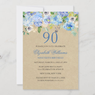 Convite de Aniversário de 90 anos Blue Floral Wate