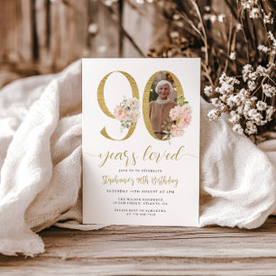 Convite de Aniversário de 90 anos Blush Pink Flora