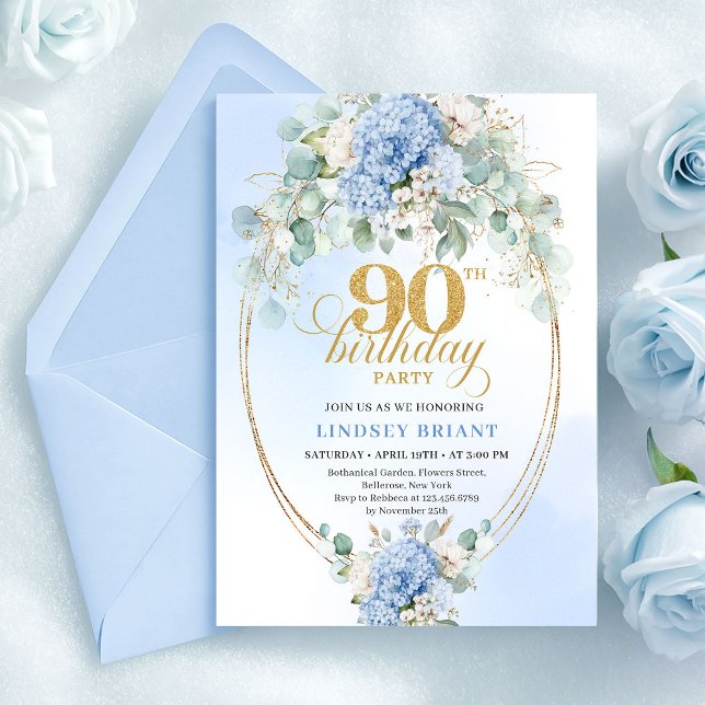 Convite de Aniversário de 90 anos Boho Blue Hydran (Boho Blue Hydrangea Greenery 90th Birthday Invite)
