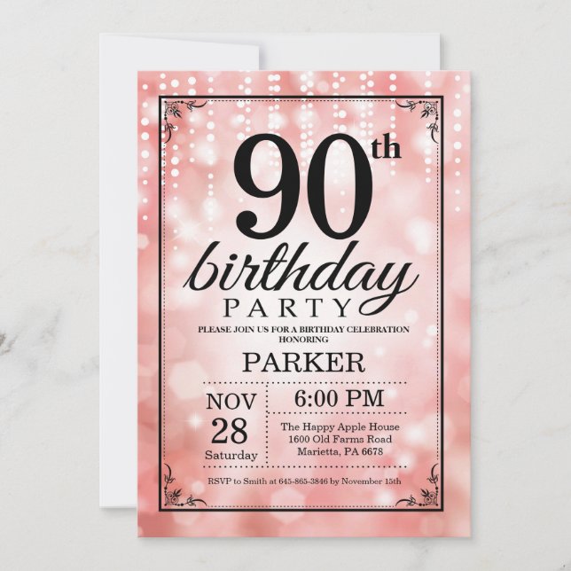 Convite de Aniversário de 90 anos Brilho Rosa (Frente)