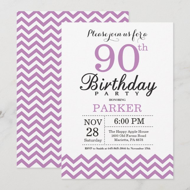 Convite de Aniversário de 90 anos Chevron Roxo (Frente/Verso)