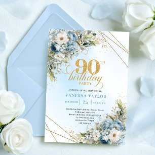 Convite de Aniversário de 90 anos Chic Dusty Blue