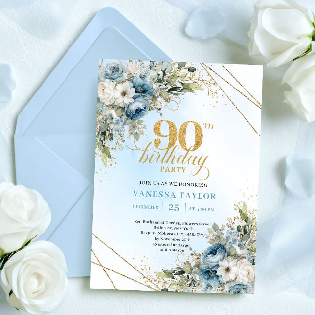 Convite de Aniversário de 90 anos Chic Dusty Blue  (Chic Dusty Blue White Flowers 90th Birthday Invite

)