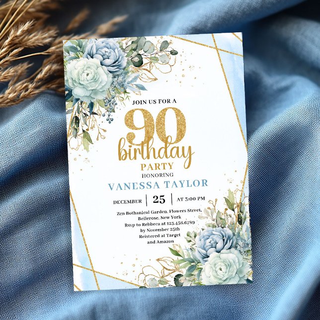 Convite de Aniversário de 90 Anos Chic Flores Azui (Chic Blue Flowers Gold 90th Birthday Party Invite)
