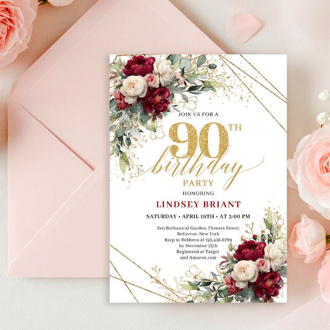 Convite de Aniversário de 90 Anos Chic Marrom Bran (Chic Maroon White Gold Roses 90th Birthday Invite Card

)