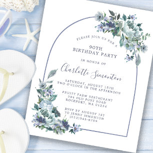 Convite de Aniversário de 90 anos com Floral Azul 