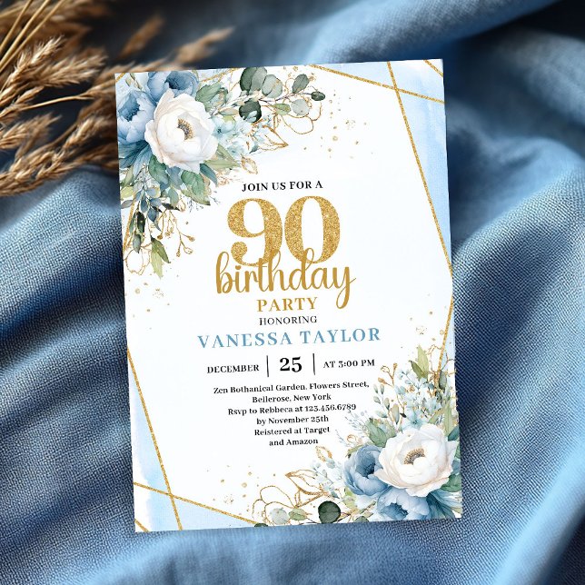 Convite de Aniversário de 90 anos com Flores Azuis (90th Birthday Party Invite Watercolor Blue Flowers Glitter

)