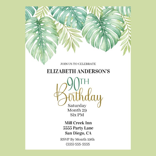 Convite de Aniversário de 90 anos com Folhas Tropi (Watercolor Tropical Leaves 90th Birthday Invitation For Women.)
