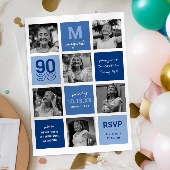 Convite de Aniversário de 90 anos com Foto Azul Mo (Criador carregado)
