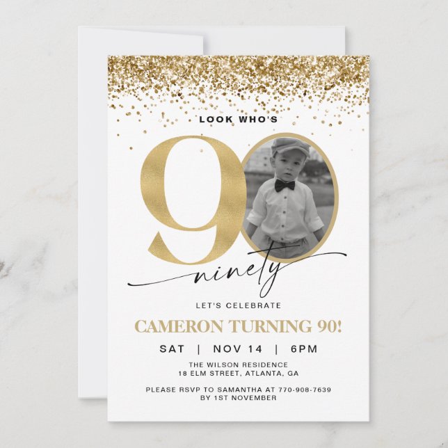 Convite de Aniversário de 90 Anos com Foto Moderno (Frente)