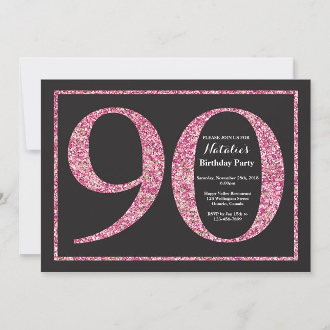 Convite de Aniversário de 90 anos com Glitter Rosa (Frente)