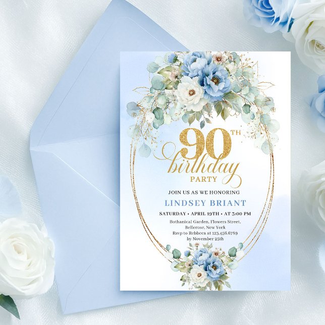 Convite de Aniversário de 90 anos com Peônias Azui (Modern Blue Peonies Greenery 90th Birthday Invite

)