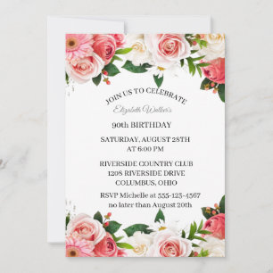 Convite de Aniversário de 90 Anos com Rosas Rosa F