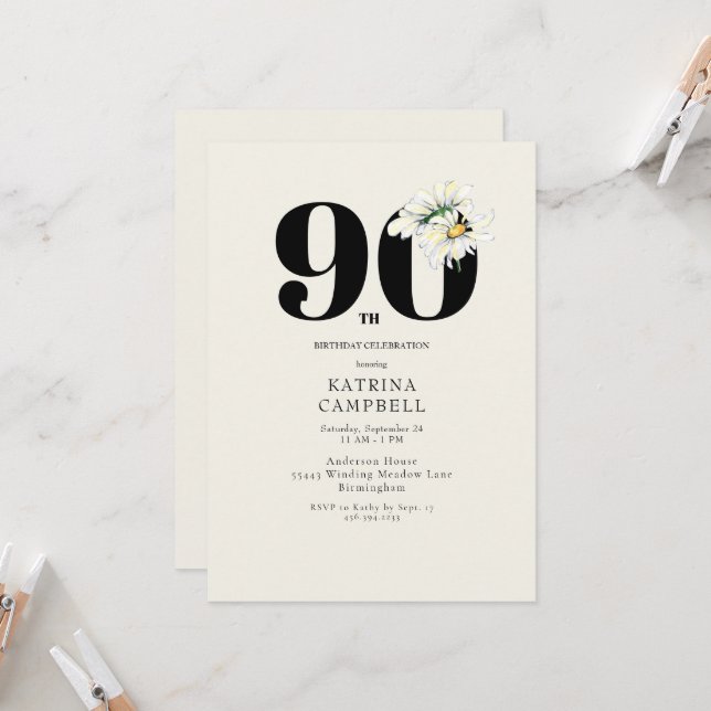 Convite de Aniversário de 90 Anos com Tema Floral  (Frente/Verso In Situ)