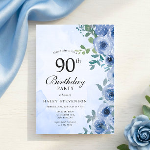 Convite de Aniversário de 90 Anos Dusty Blue Water