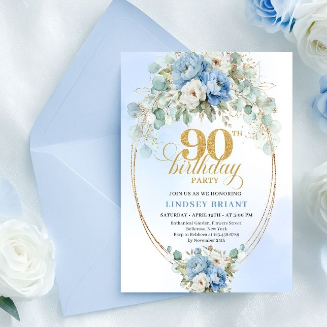 Convite de Aniversário de 90 anos Elegante Boho Bl (Elegant Boho Blue Peonies 90th Birthday Invitation)