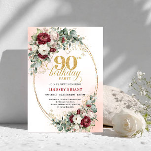 Convite de Aniversário de 90 Anos Elegante Peônias