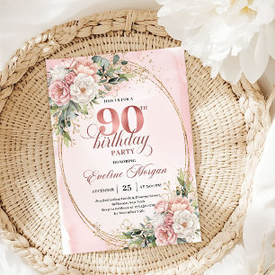 Convite de Aniversário de 90 Anos Elegante Rosa Do