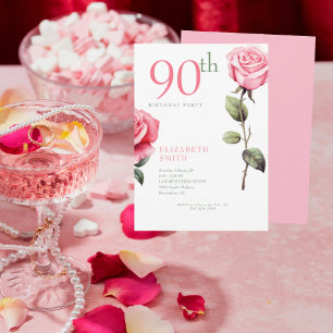Convite de Aniversário de 90 Anos Elegante Rosa Pi