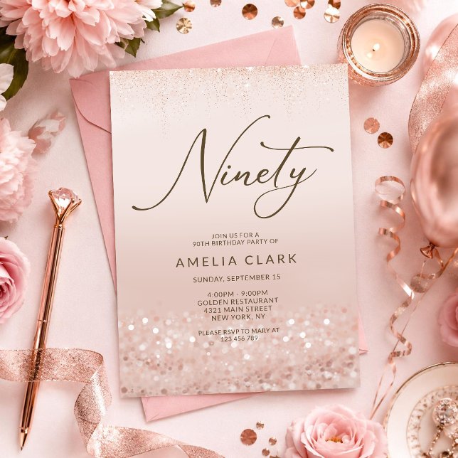 Convite de Aniversário de 90 anos em Glitter Doura (Rose Gold Glitter 90th Birthday Invitation Card)