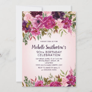 Convite de Aniversário de 90 Anos Floral Roxo Rosa