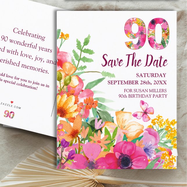 Convite de Aniversário de 90 anos Floral Save The  (Criador carregado)