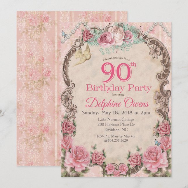 Convite de Aniversário de 90 anos Floral Vintage (Frente/Verso)