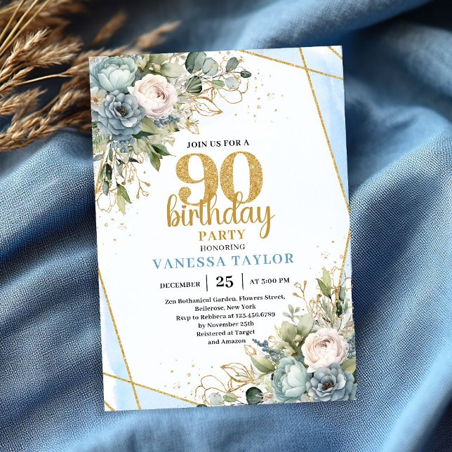 Convite de Aniversário de 90 anos Flores Azuis Bri (Blue Flowers Gold Glitter 90th Birthday Invitation)