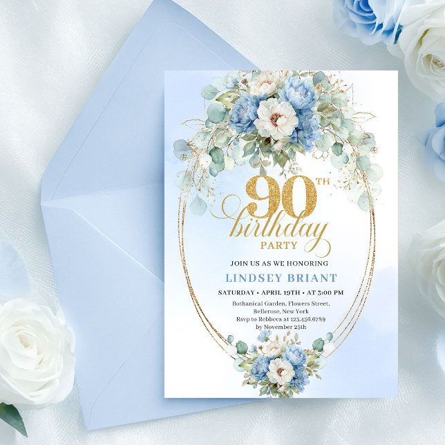 Convite de Aniversário de 90 anos Garden Boho Blue (Garden Boho Blue Floral 90th Birthday Invite)