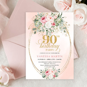 Convite de Aniversário de 90 Anos Luxo Rosa Dourad