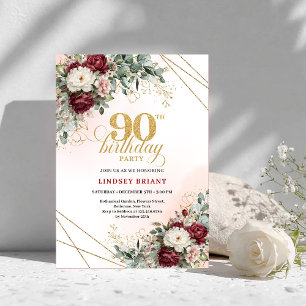 Convite de Aniversário de 90 Anos Luxuoso Floral V