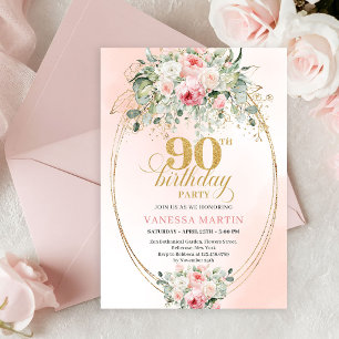 Convite de Aniversário de 90 Anos Minimal Blush Ro