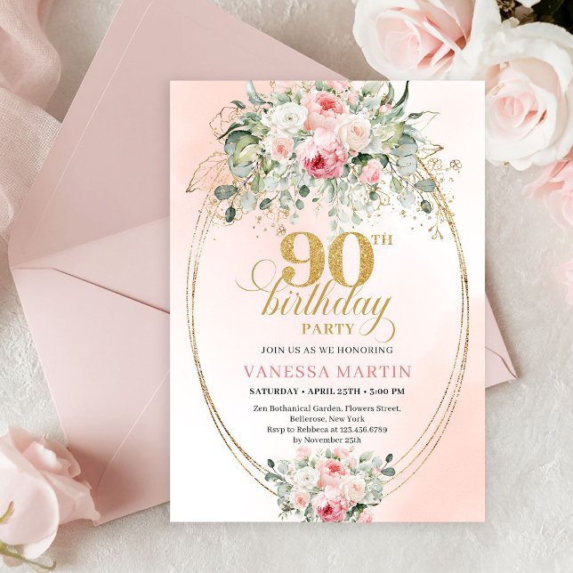 Convite de Aniversário de 90 Anos Minimal Blush Ro (Minimal Blush Rose Gold 90th Birthday Party Invitation)